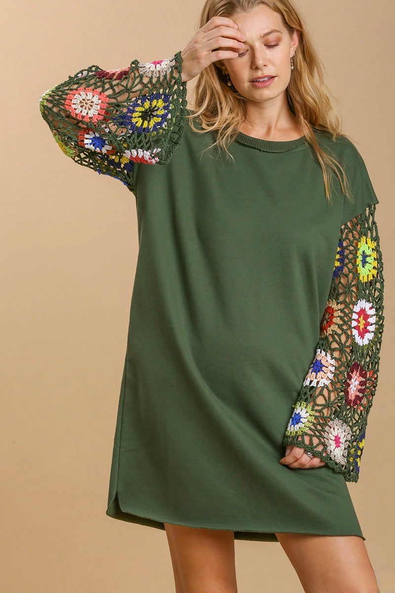 Umgee - French Terry Dress w/ Crochet Patterned Sleeves, Olive M Umgee - French Terry Dress w/ Crochet Patterned Sleeves, Olive M