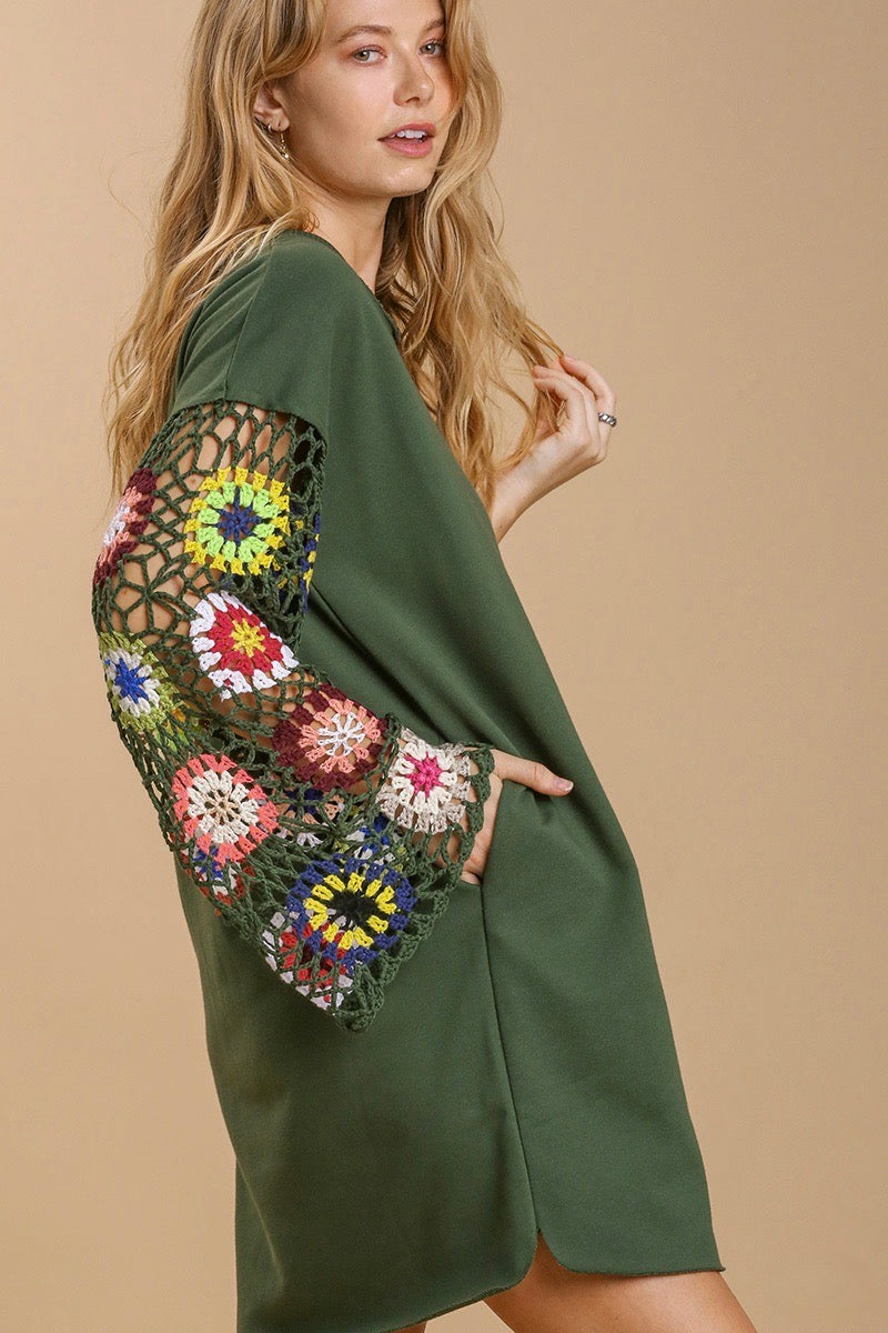 Umgee - French Terry Dress w/ Crochet Patterned Sleeves, Olive M Umgee - French Terry Dress w/ Crochet Patterned Sleeves, Olive M