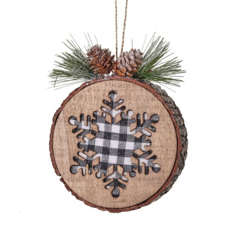 Natural Laser Cut Snowflake Check Log Ornament, 5” - Monogram Market