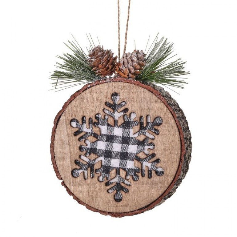 Natural Laser Cut Snowflake Check Log Ornament