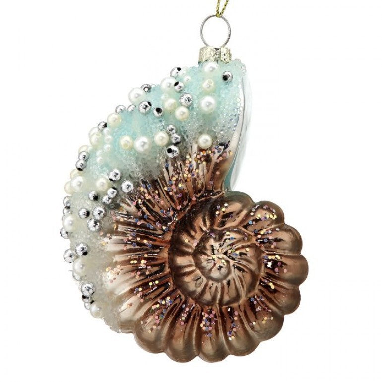 Blue Gold Glass Beaded Nautilus Shell Ornament, 4.3” - Monogram Market