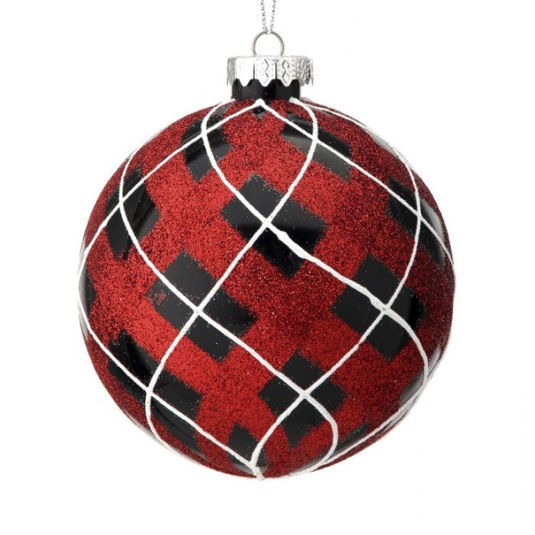 Red, Black and White Enamel Glitter Plaid Ornament, 4” - Monogram Market