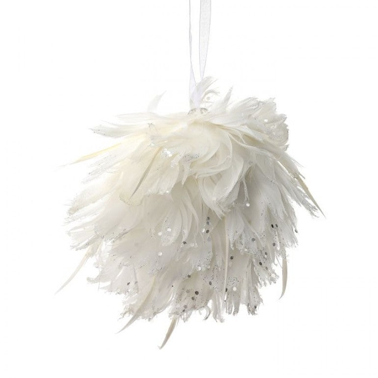 White Glitter Tip Feather Ball Ornament
