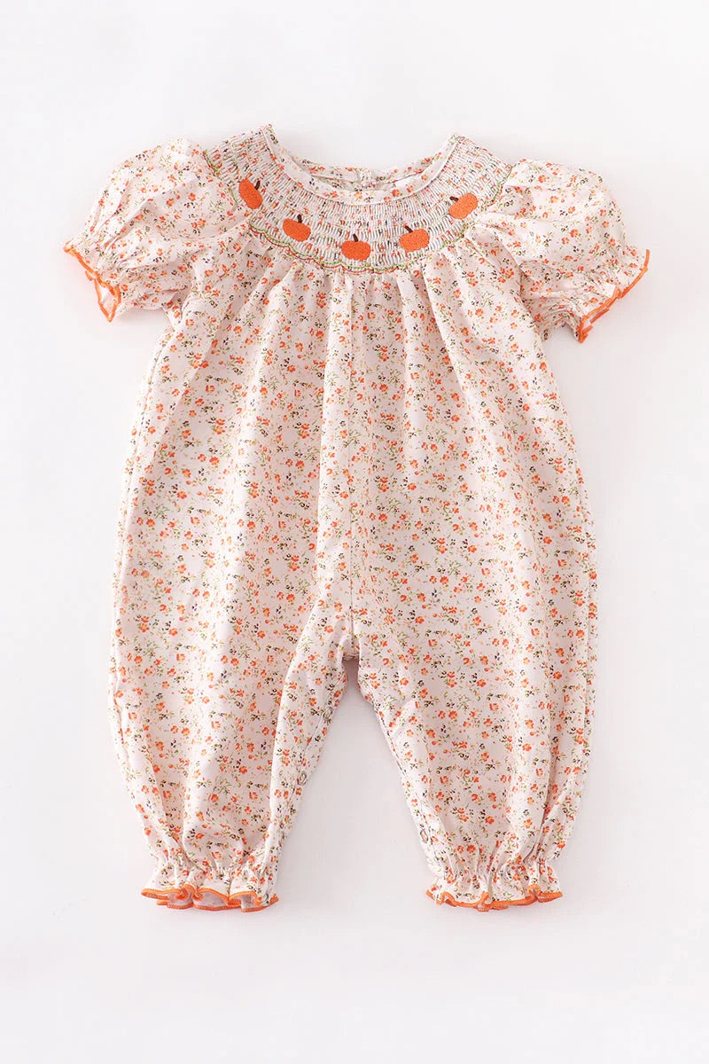 Baby Girl's Smocked Floral Pumpkin Bubble - Monogram Market