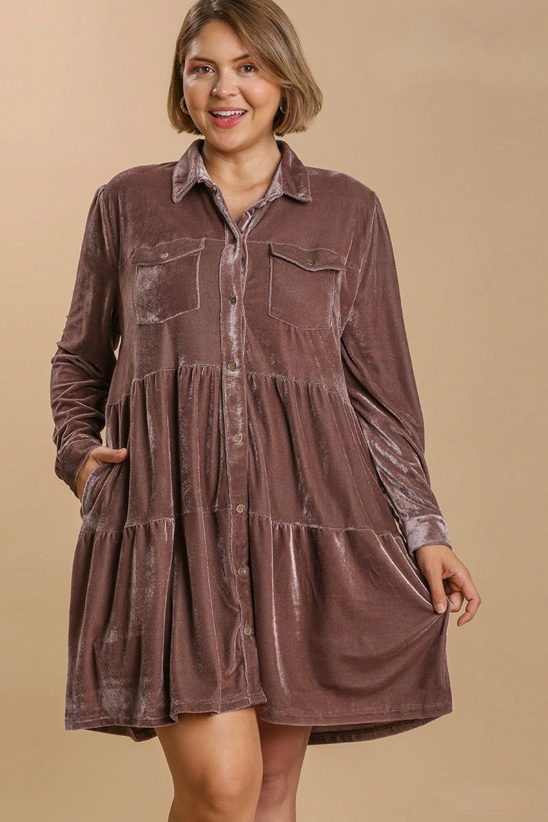 Umgee - Velvet Long Sleeve Tiered Dress, Almond XL Umgee - Velvet Long Sleeve Tiered Dress, Almond XL