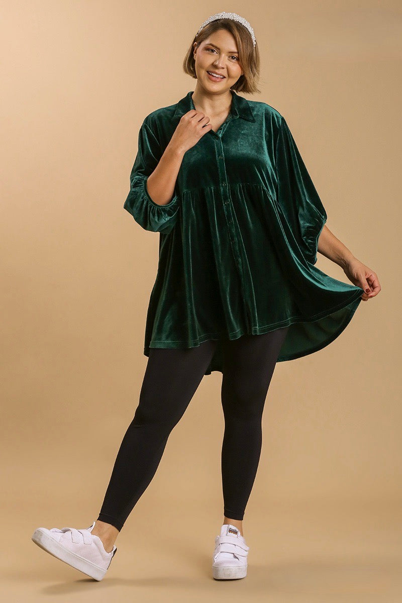 Umgee - Velvet Button Down Tiered Back Tunic Dress, Emerald Green Monogram Market Umgee - Velvet Button Down Tiered Back Tunic Dress, Emerald Green Monogram Market
