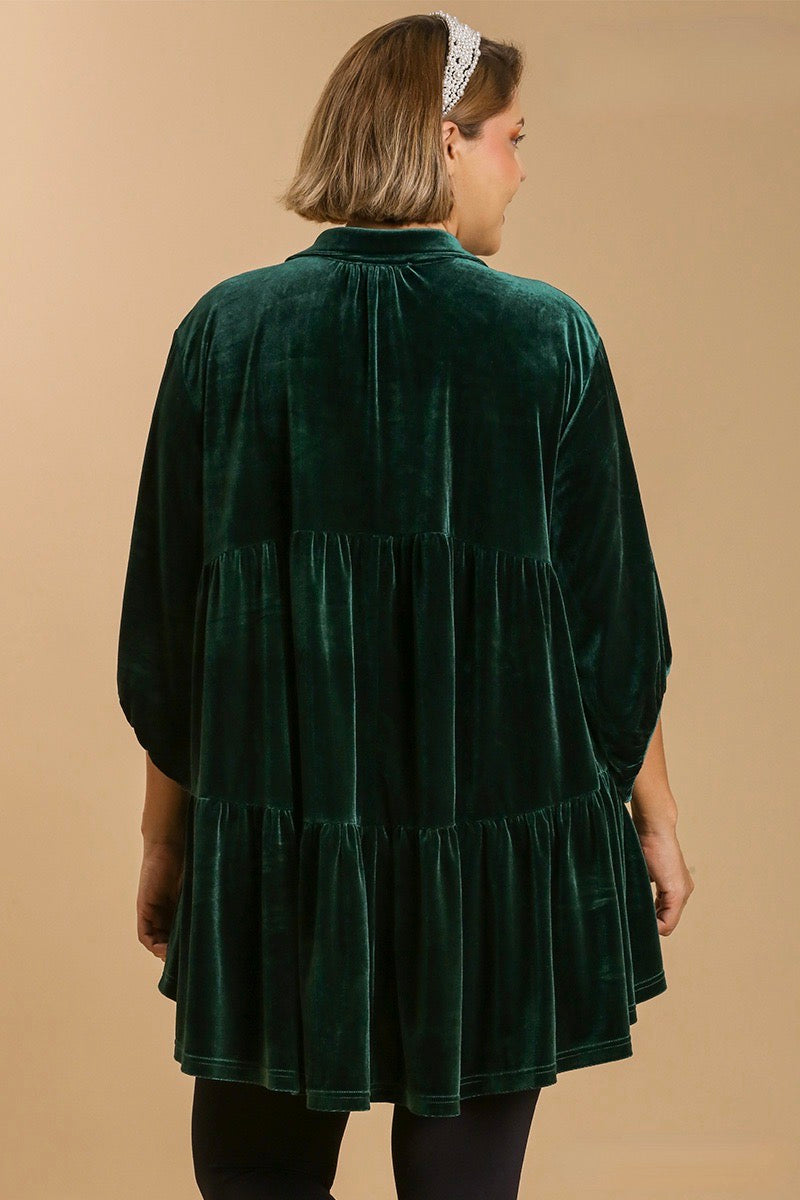 Umgee - Velvet Button Down Tiered Back Tunic Dress, Emerald Green Monogram Market Umgee - Velvet Button Down Tiered Back Tunic Dress, Emerald Green Monogram Market