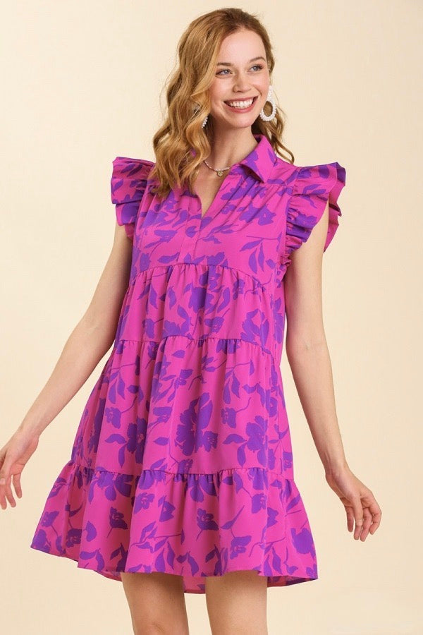 Umgee - Floral Print Tiered Dress, Magenta Mix - Monogram Market