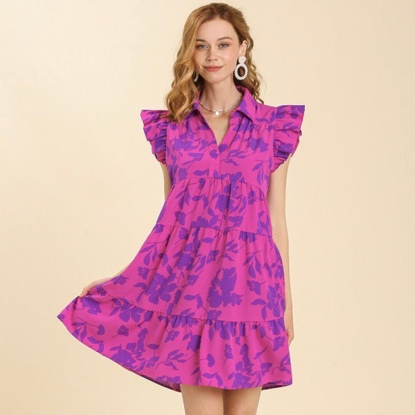 Umgee - Floral Print Tiered Dress, Magenta Mix - Monogram Market