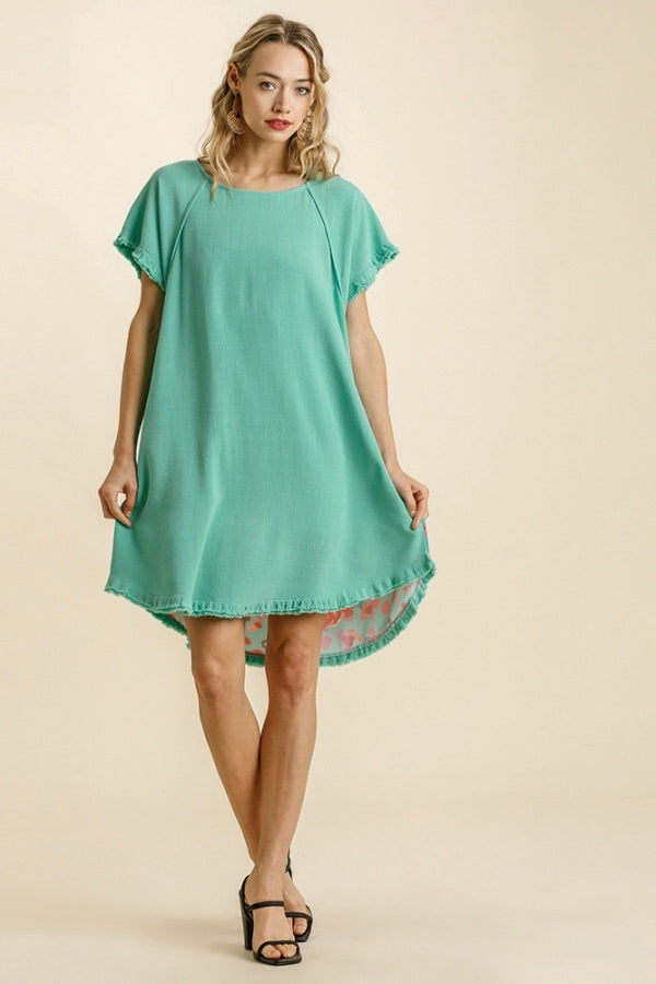 Linen Blend Short Sleeve Mixed Print Back Dress, Mint - Monogram Market