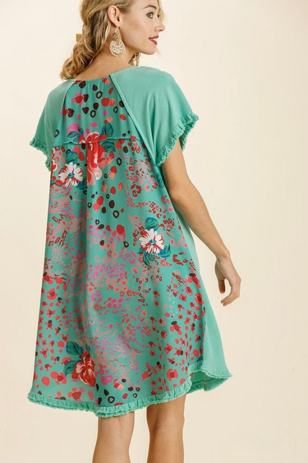 Umgee - Linen Blend Short Sleeve Mixed Print Back Dress, Mint XL Umgee - Linen Blend Short Sleeve Mixed Print Back Dress, Mint XL