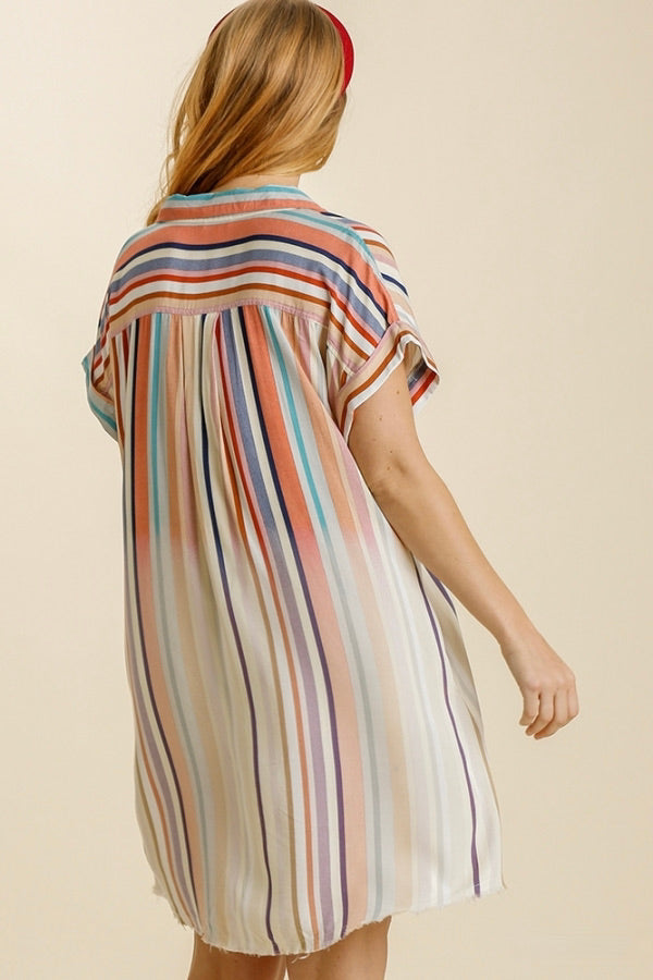 Bleached Striped Short Sleeve Button Down Shirt Dress, Coral Mix - Monogram Market