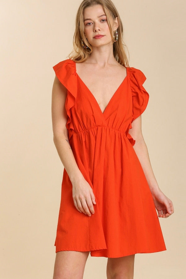 Flutter Sleeve Dress with Crossover Tie Back, Tomato Red - Monogram Market