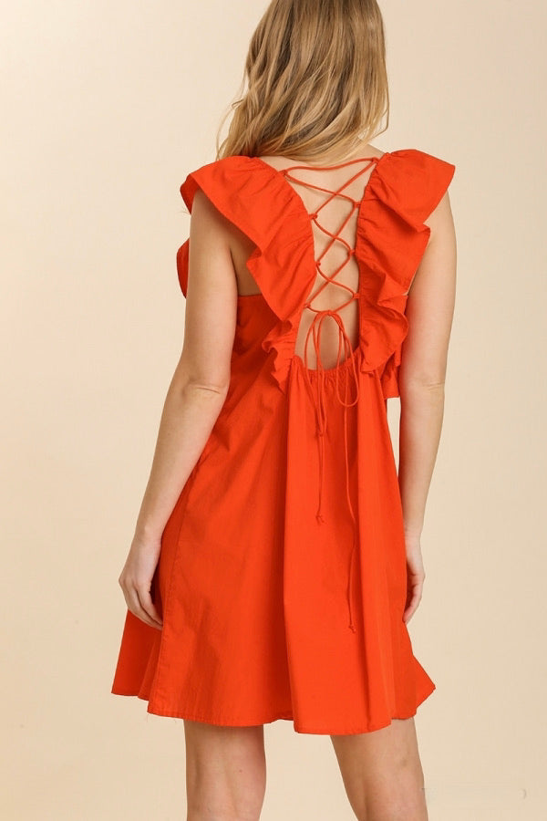 Flutter Sleeve Dress with Crossover Tie Back, Tomato Red - Monogram Market