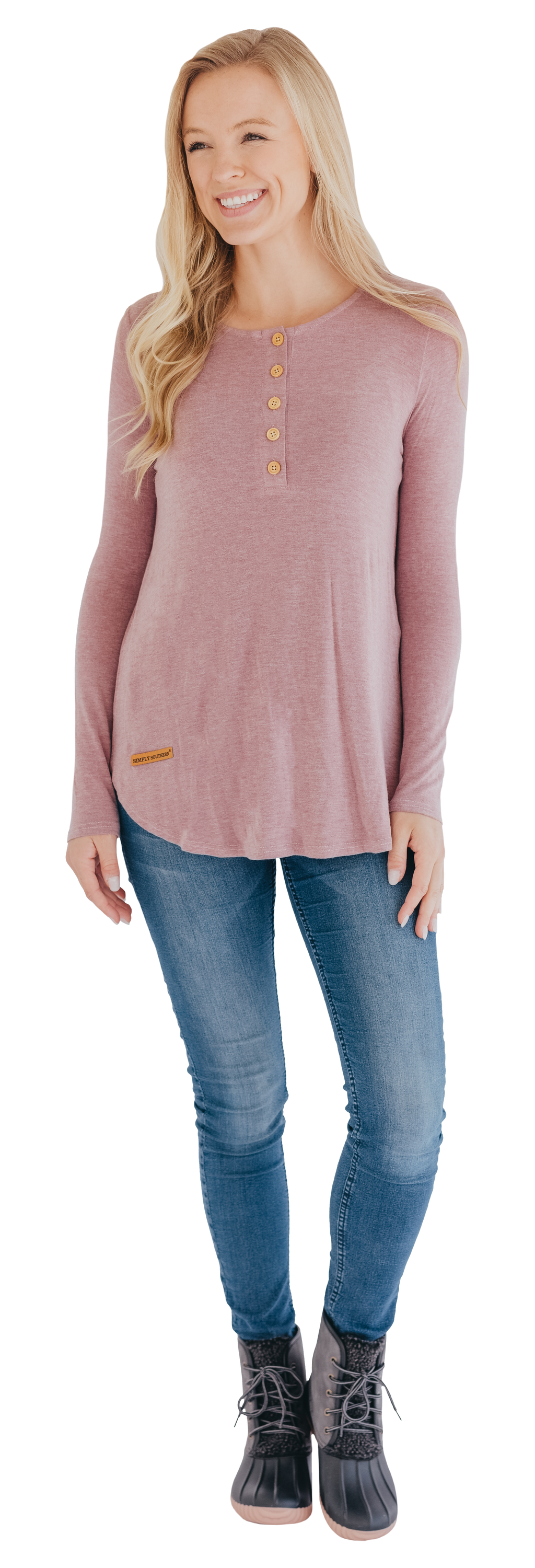 Simply Southern Long Sleeve Henley T-Shirt, Rose - Monogram Market