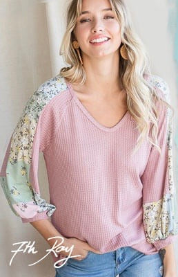 Blush Waffle Top with 3/4 Floral Sleeve - Monogram Market