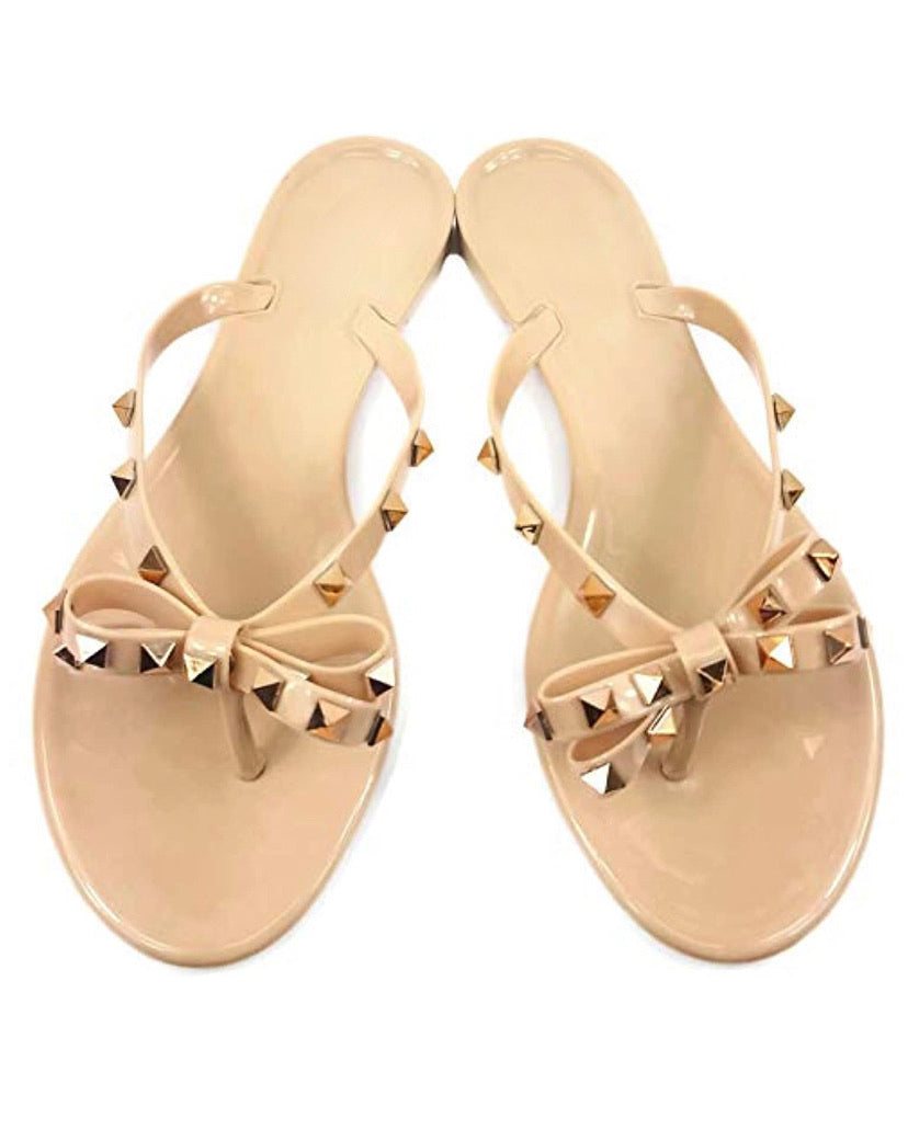 Studded Jelly Flip Flop Sandals w/Bow, Nude - Monogram Market