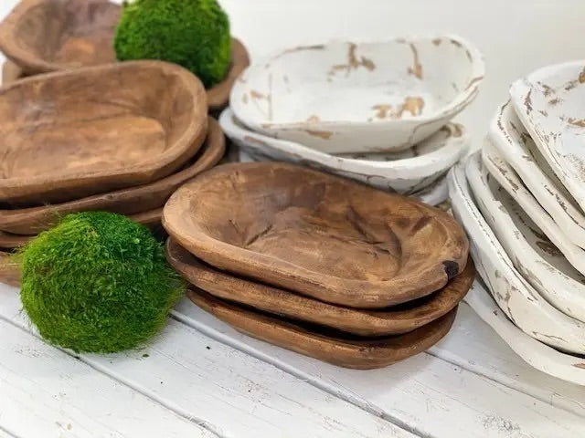 Hand Carved Petite Wood Bowl, Distressed White (10”) - Monogram Market