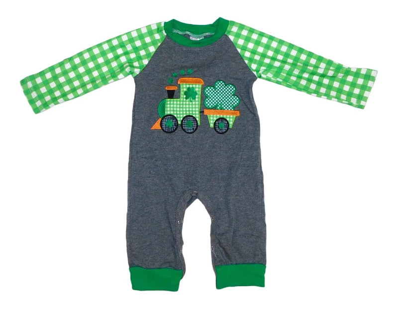 Baby Boy Green Plaid and Grey Train Outfit St. Patrick’s - Monogram Market