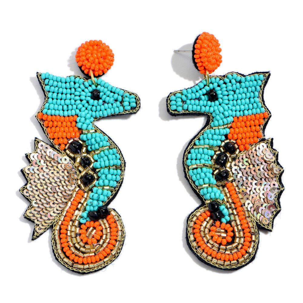 Beaded Earrings, Orange and Blue Seahorses - Monogram Market