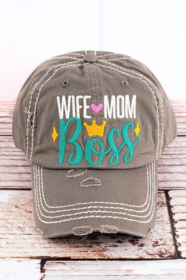 Wife Mom Boss Distressed Baseball Hat - Monogram Market