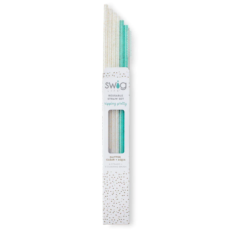 SWIG Tall Straw Set, Glitter Clear & Aqua - Monogram Market