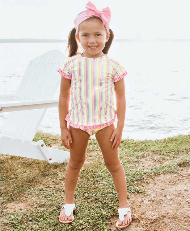 RuffleButts Rainbow Stripe Rash Guard Bikini Swimsuit - Monogram Market