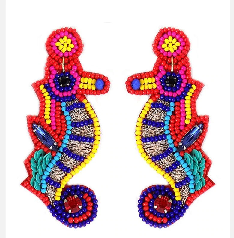 Beaded Earrings, Bright Seahorses - Monogram Market