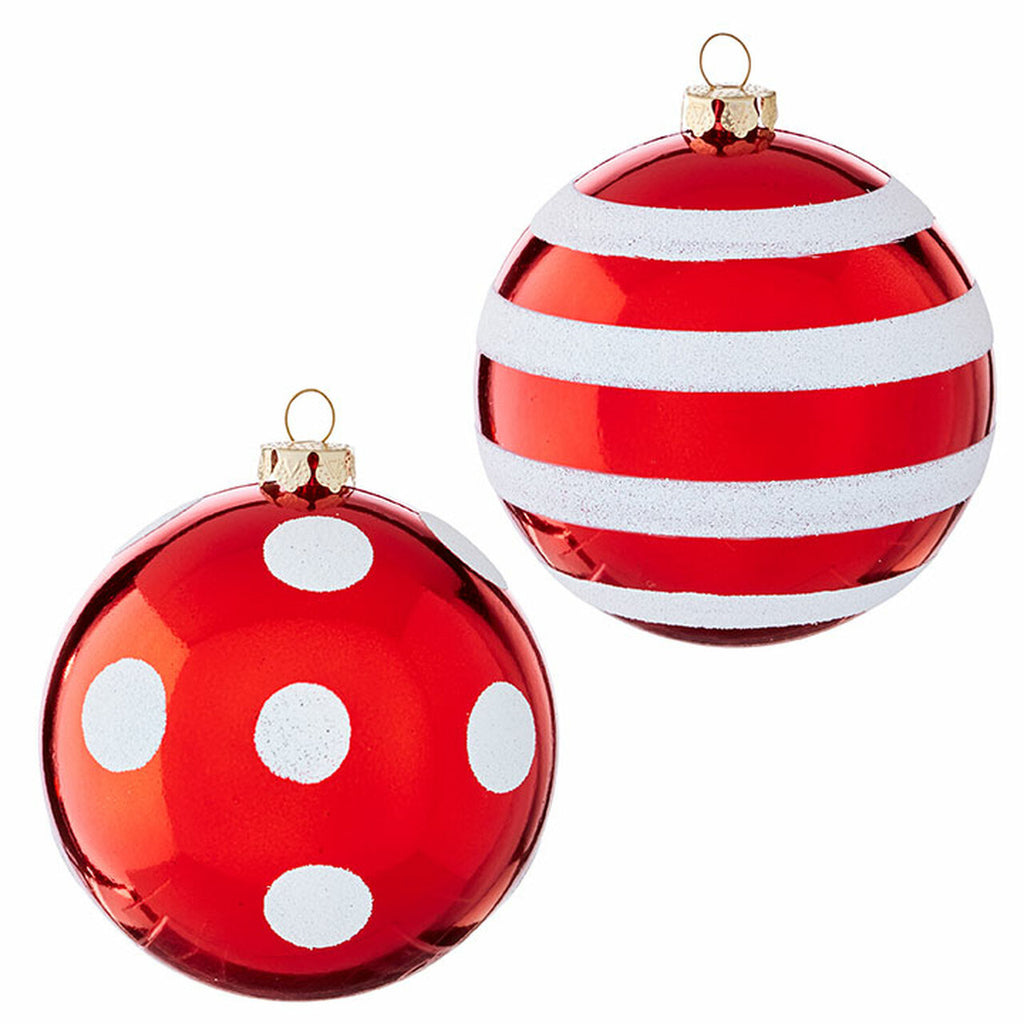 RAZ - Red Dot & Stripes Christmas Ball Ornament, 4" - Monogram Market