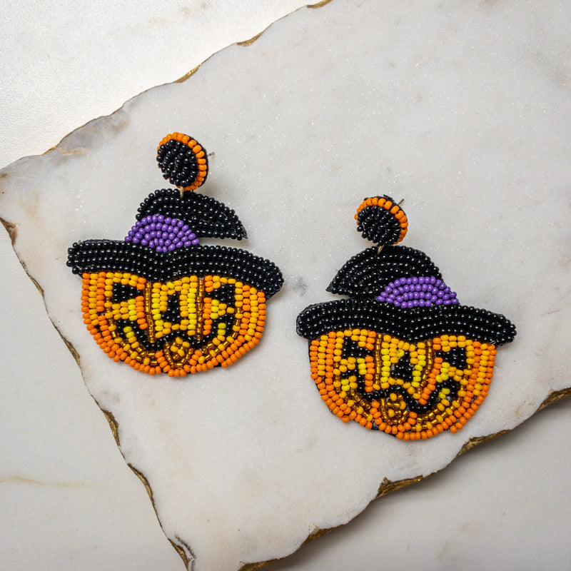 Beaded Earrings, Halloween Witch Jack-O-Lanterns - Monogram Market
