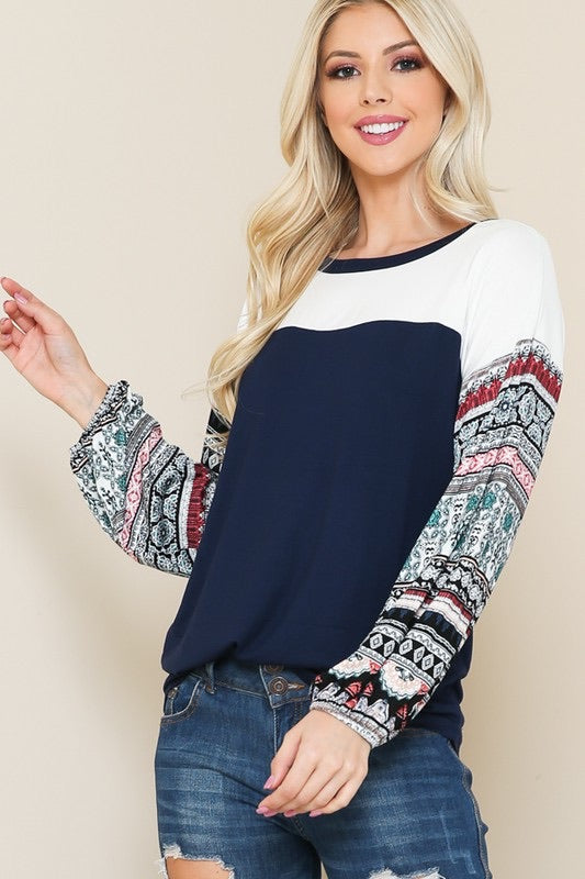 Navy and White Color Block Tunic Top with Print Contrast Sleeves - Monogram Market