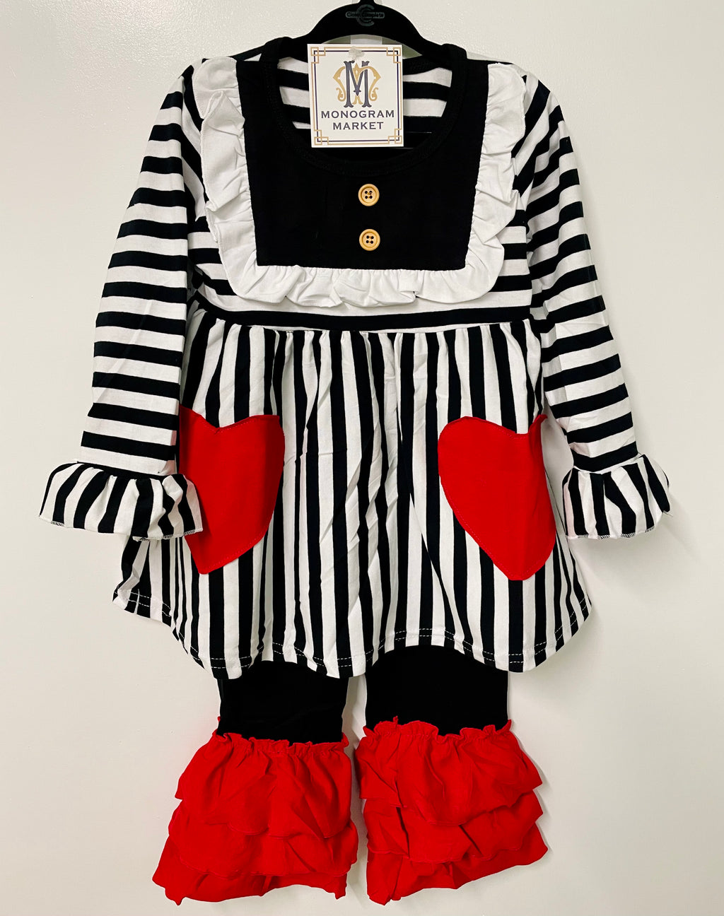 Girl’s 2 Piece Black and White Stripe Red Heart Ruffle Pants Set - Monogram Market