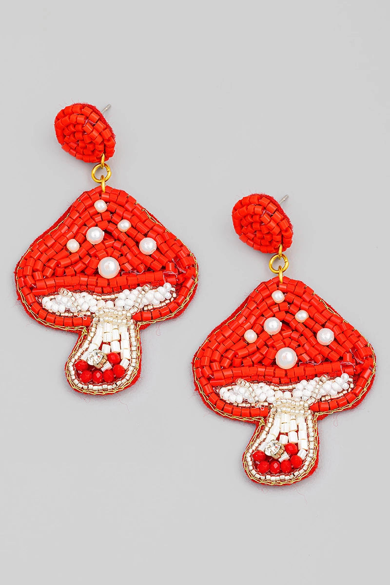 Beaded Earrings, Red Mushroom - Monogram Market