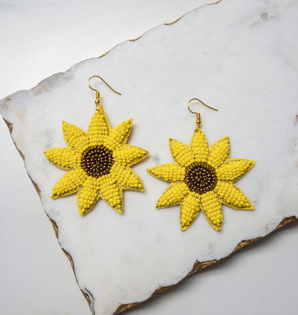 Beaded Earrings, Dangly Sunflowers - Monogram Market