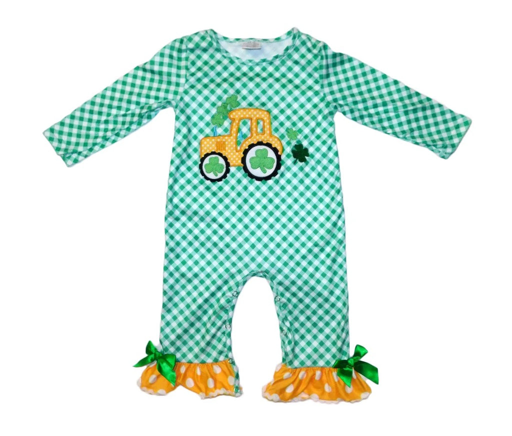 Baby Girl’s Green and White Plaid One Piece St.Patrick’s Tractor Outfit - Monogram Market