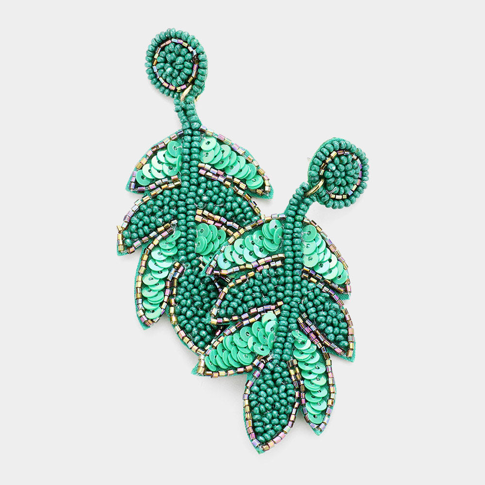 Beaded Earrings, Green Palm Leaves - Monogram Market