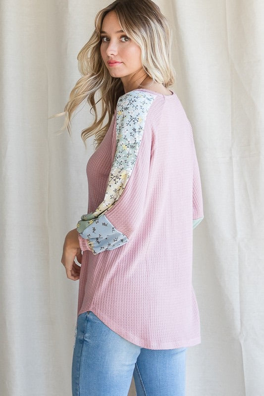 Blush Waffle Top with 3/4 Floral Sleeve - Monogram Market