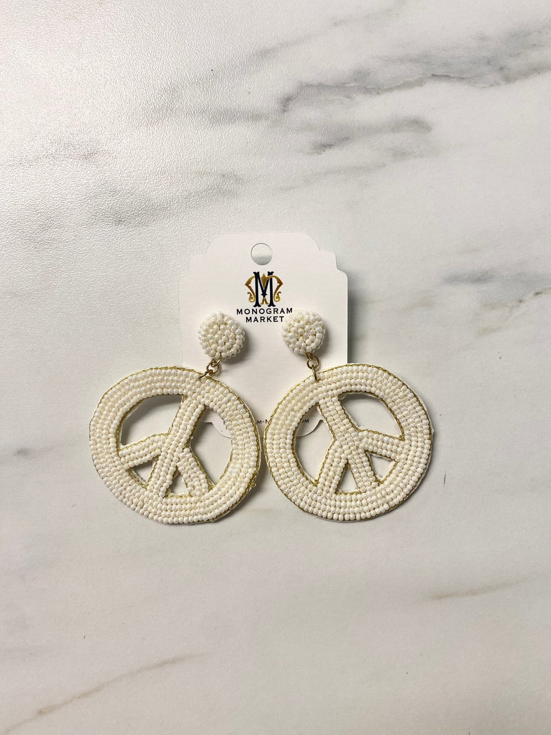 Beaded Earrings, White Peace Signs - Monogram Market