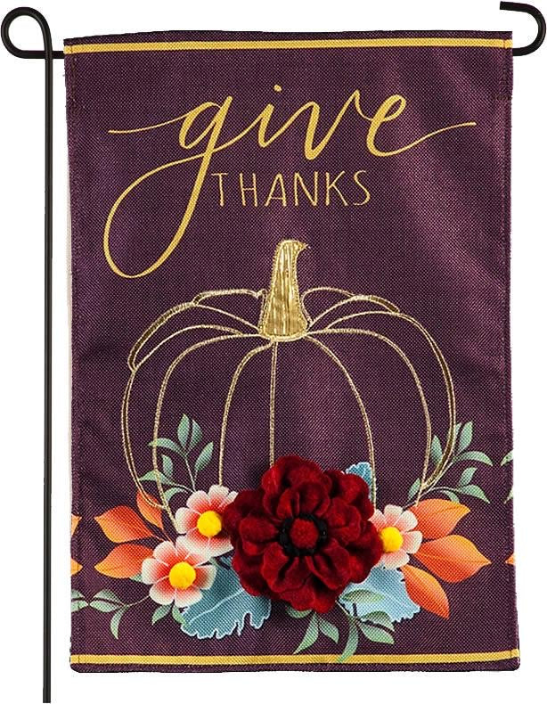 Give Thanks Floral Pumpkin Garden Burlap Flag - Monogram Market
