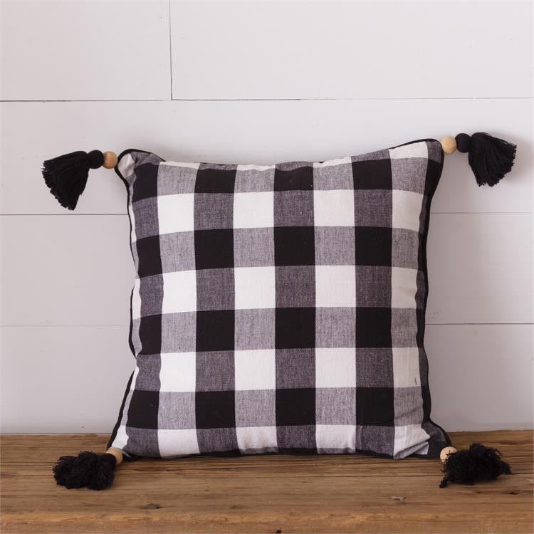 Buffalo Plaid Pillow w/ Tassels, Black - Monogram Market