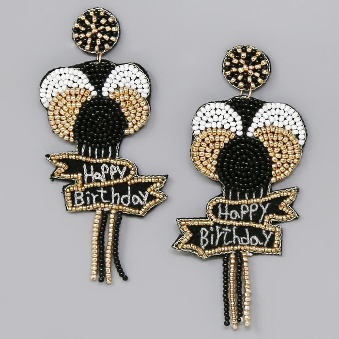 Beaded Earrings, Black Happy Birthday - Monogram Market