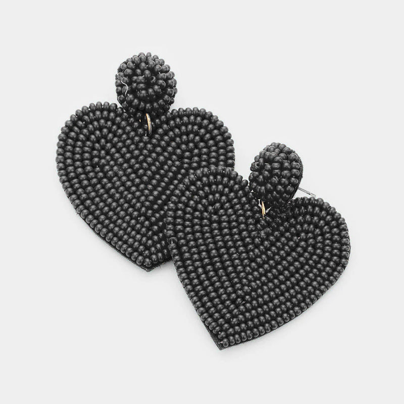 Beaded Earrings, Black Hearts - Monogram Market