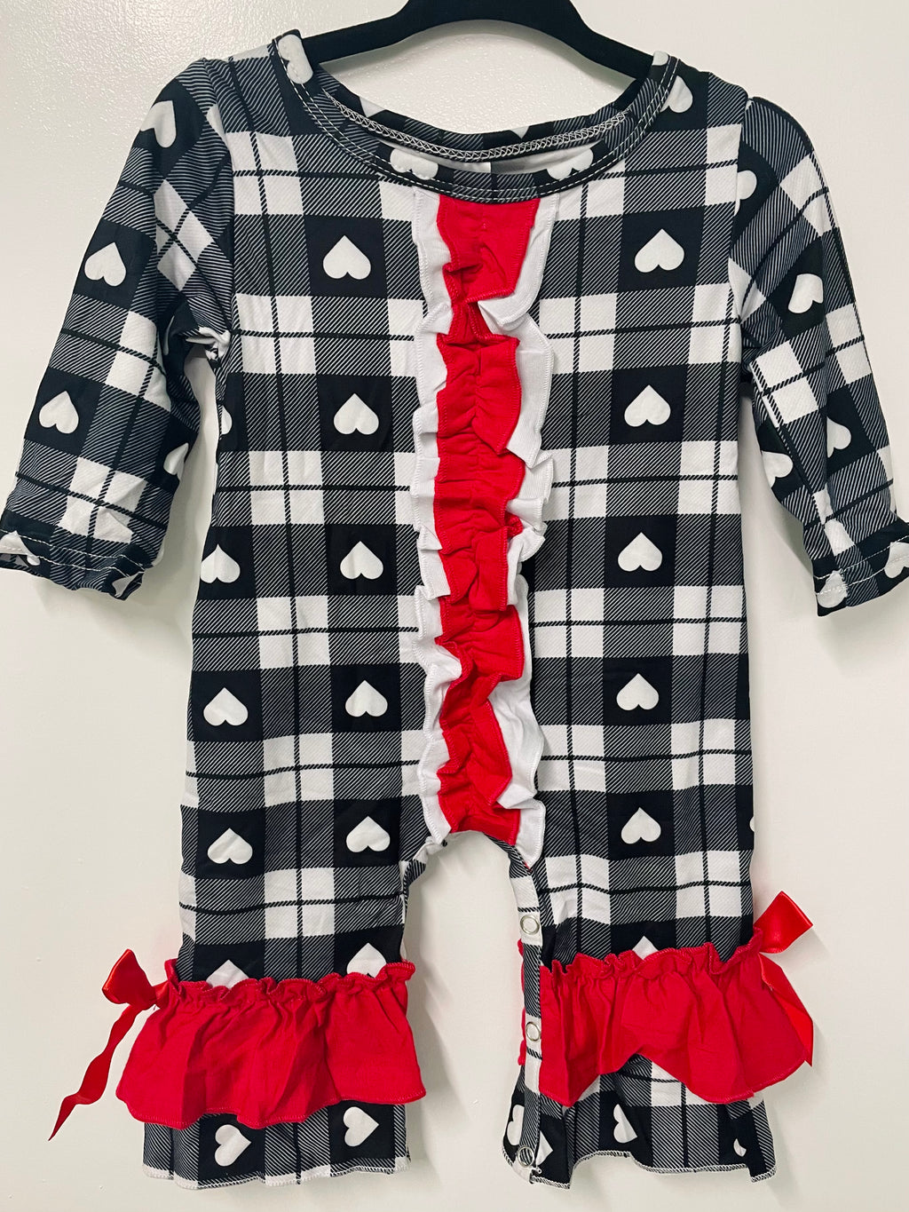 Baby Girl’s Black and White Plaid One Piece Heart Ruffle Outfit - Monogram Market