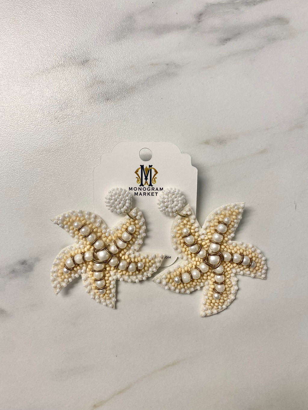 Beaded Earrings, White Starfish - Monogram Market