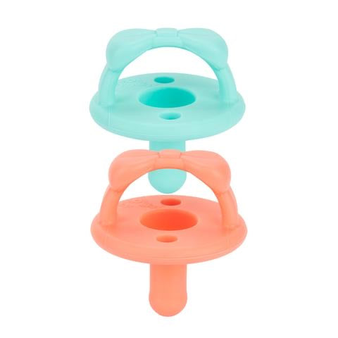 Itzy Ritzy - NEW Aquamarine + Peach Bows Sweetie Soother™ Pacifier Set - Monogram Market