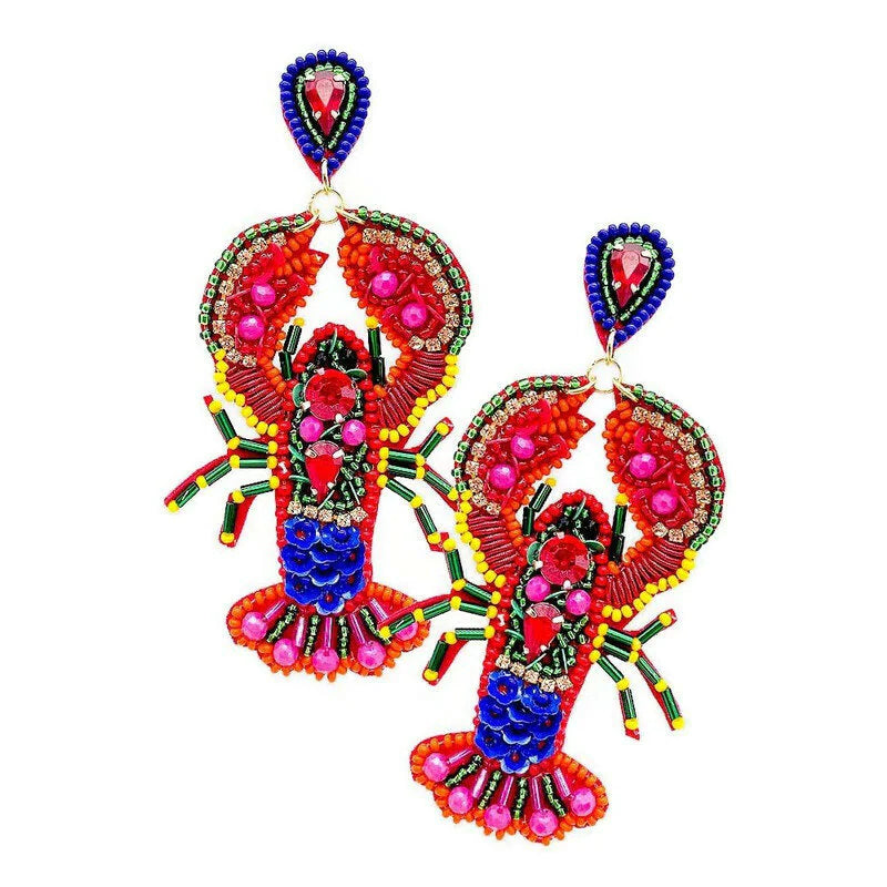 Beaded Earrings, Bright Lobsters - Monogram Market