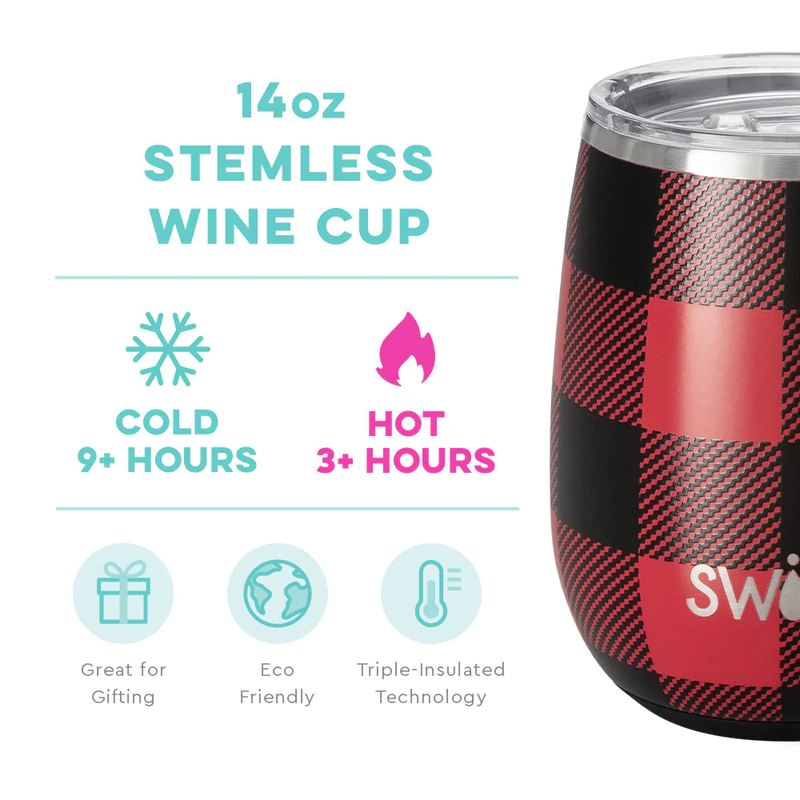 SWIG - 14 oz Stemless Wine Cup, Buffalo Plaid - Monogram Market