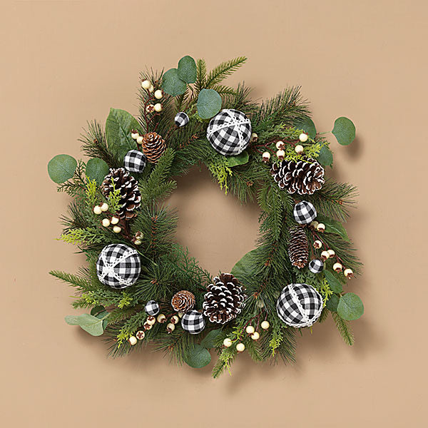 Holiday Wreath w/Black and White Plaid Ornaments, Pinecone and Berry Accents