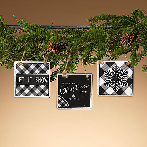 Black and White Plaid Holiday Wood Ornament, 3 assorted - Monogram Market