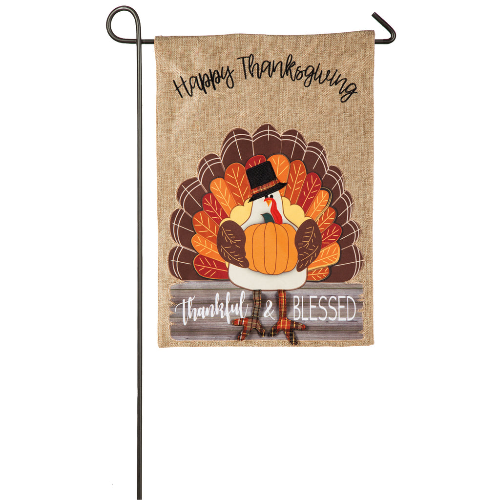 Thankful and Blessed Turkey Garden Burlap Flag - Monogram Market